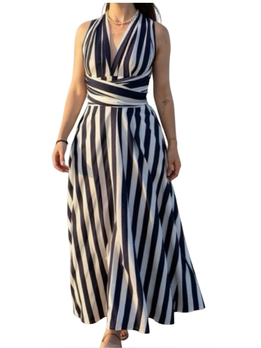NEW! Boutique Blue White Striped Wrap Versitable Maxi Dress Small Med Large